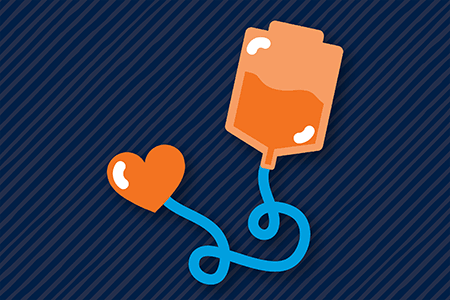 Graphic illustration of a blood donation bag connected to a cartoonish heart