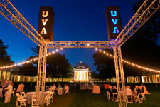 The UVA Lawn set with tables and light rigging for Reunions Weekend