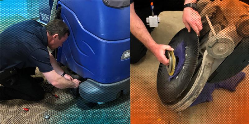 Michael Pouliot repairs a floor buffer