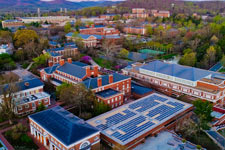 An aerial view of the solar panel array on the roof of Clemons Library