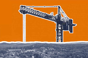 Illustration of an oversized crane spanning the horizon of UVA Grounds