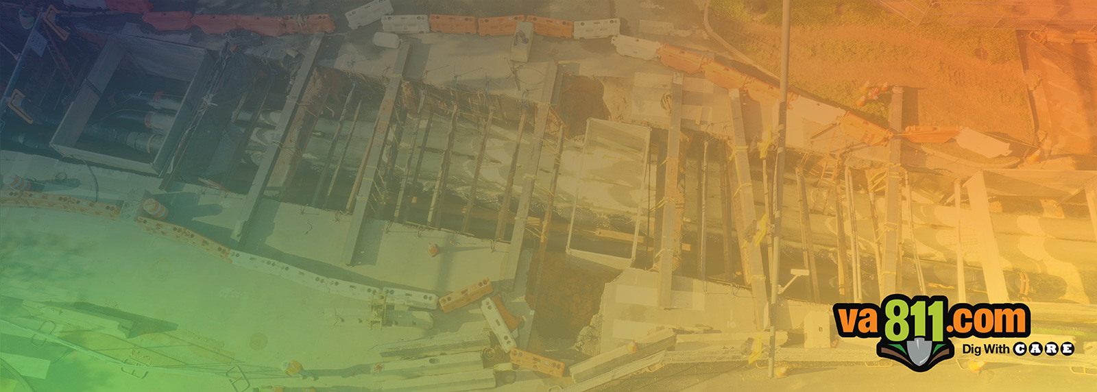 Aerial view of an active construction site with color overlays of blue, green and orange fading into one another