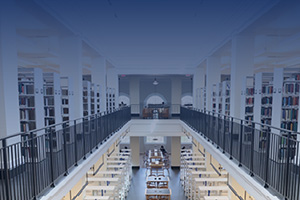 Second floor of the renovated Shannon Library with a blue gradient overlay