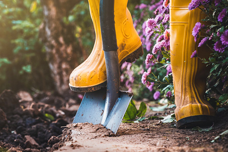 Close-up of someone pressing a shovel into soil while wearing yellow Wellington boots