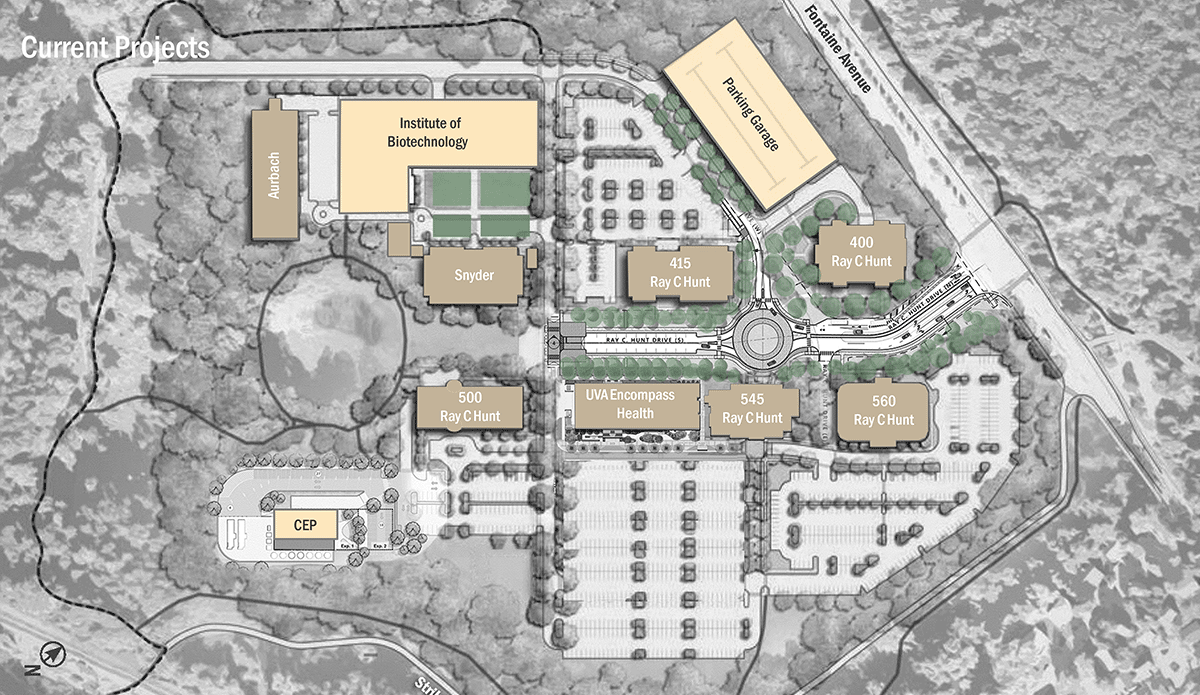 Architectural rendering of Fontaine Research Park and the numerous construction projects that are underway, including ones that will break ground in the future.