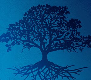Illustration of a tree and its root system in blue silhouette