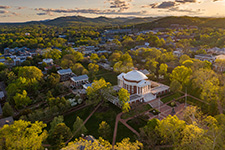 Aerial view of UVA Grounds at sunset