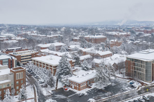 Aerial view of Grounds covered in snow