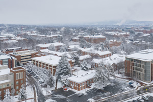 Aerial view of Grounds coverd in snow