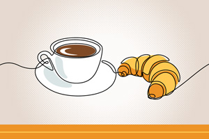 Single-line illustration of a cup of coffee and croissant