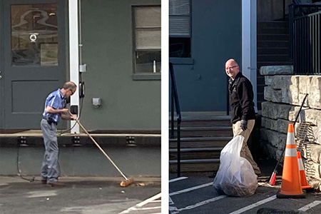 Two photos side-by-side of Fleet employees cleaning a loading bay