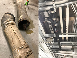 A before photo of degraded sewer lines and an after photo of new cast iron pipes