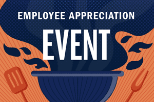 Graphic illustration of a smoking grill and the text 'Employee Appreciation Event'