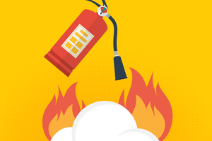 Graphic illustration of a fire extinguisher hovering over a fire