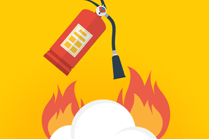 A graphic illustration of a fire extinguisher hovering over a fire