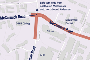 An illustrated map shows the planned closure of the McCormick Rd./Alderman Rd. intersection. Left turns only from eastbound McCormick to northbound Alderman.