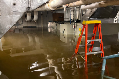 A flooded mechanical room with the top half of a ladder visible