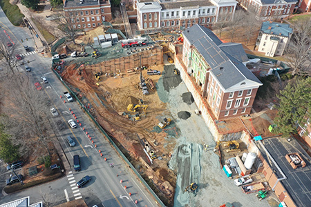 Aerial photo of the Shumway Hall construction site