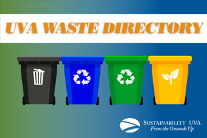 Graphic illustration of different rolling trash cans and the text 'UVA Waste Directory'