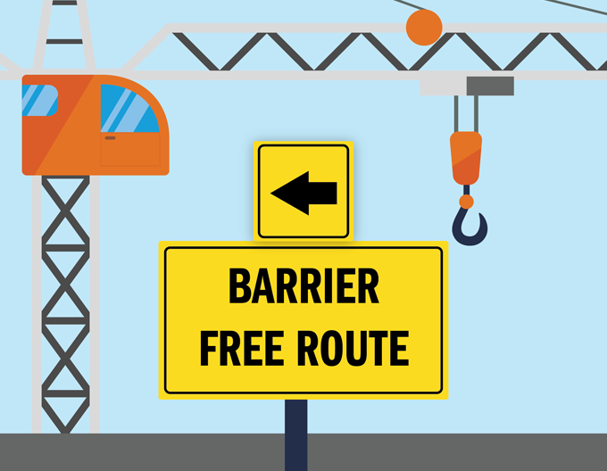 Graphic illustration of a jobsite; a yellow sign with black text points toward a 'Barrier free route'