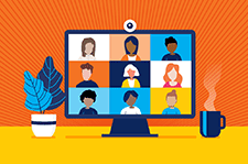 Illustration of a monitor showing 9 participants in a Zoom meeting