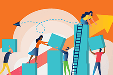 Illustration of people cooperatively stacking blocks in a steadily rising pattern