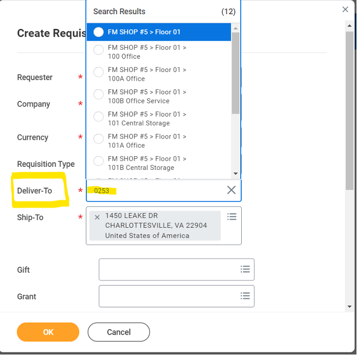 In the Workday Create Requisition form, the Deliver-to search results menu is expanded, showing FM SHOP #5, Floor 1 as the top default option, with 0253 in the text input field