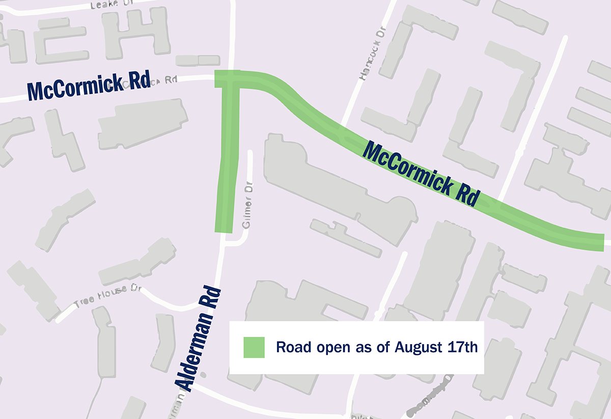Map of the Alderman Rd., McCormick Rd. intersection, which is reopening as of August 17