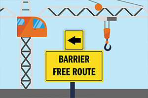 A graphic construction sign that says 'Barrier Free Route'