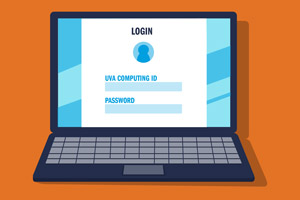 Graphic illustration of a laptop displaying a login screen