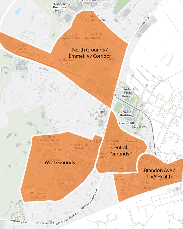 Map illustrating various zones on UVA Grounds