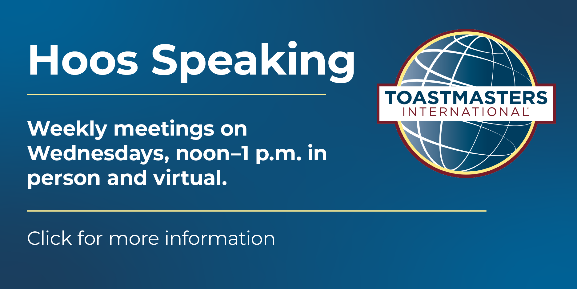 Weekly meetings Wednesdays, noon to 1 p.m. in person and virtual. Click for more information.