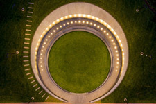 Aerial view of the Memorial to Enslaved Laborers illuminated at night