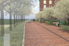 Architectural illustration of a pedestrian walkway flanked by new trees