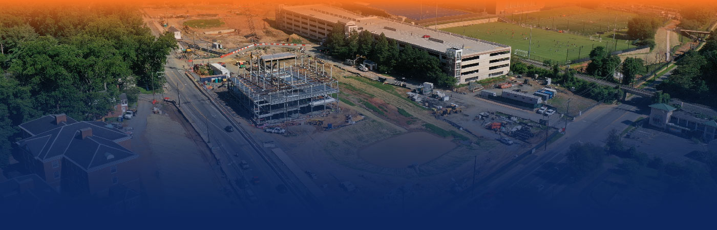Aerial view of the Ivy Corridor construction project and the steel frame of the School of Data Science