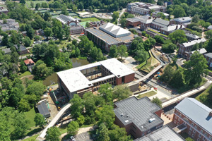 Aerial photo of the Contemplative Commons building, an active construction site by The Dell