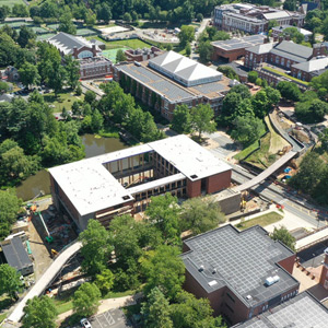 Aerial photo of the Contemplative Commons building, an active construction site by The Dell