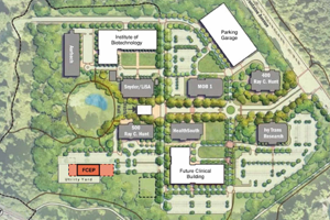 Architectural rendering of the Fontaine Research Park site plan, aerial view