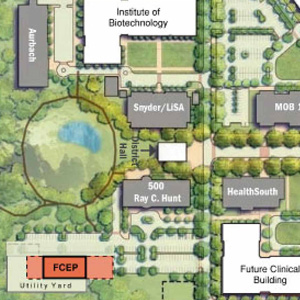 Architectural rendering of the Fontaine Research Park site plan, aerial view