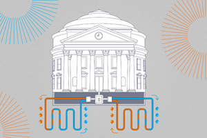 Line drawing illustration of The Rotunda, with underground geothermal wells diagram