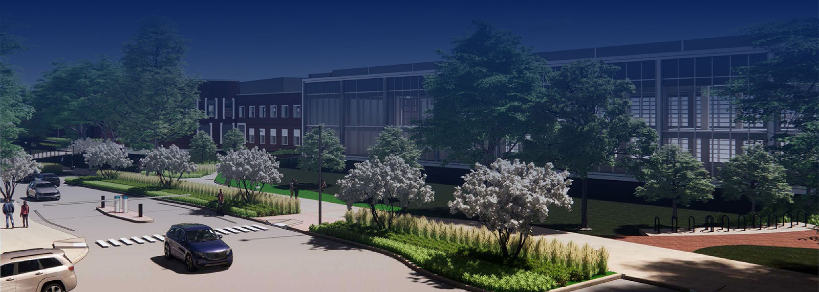 Architectural rendering of McCormick Rd, featureing narrowed vehicle lanes and extensive native plantings along the walkways