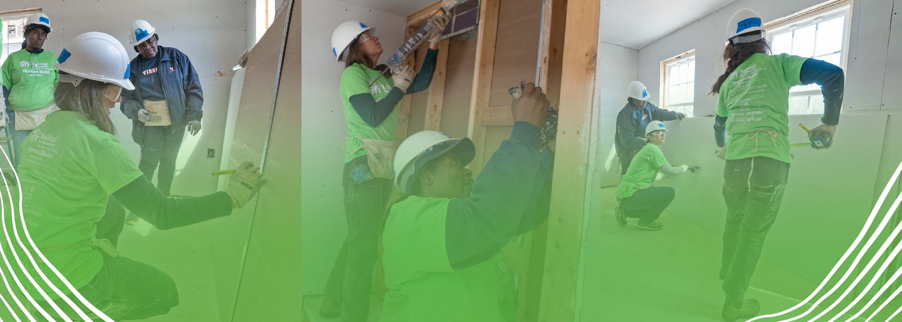 Three photos of women volunteers doing interior construction tasks