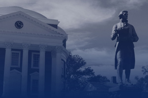 The Rotunda and statue of Thomas Jefferson with a blue duotone overlay