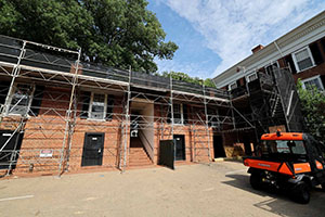 Scaffolding covers student rooms on the Lawn.