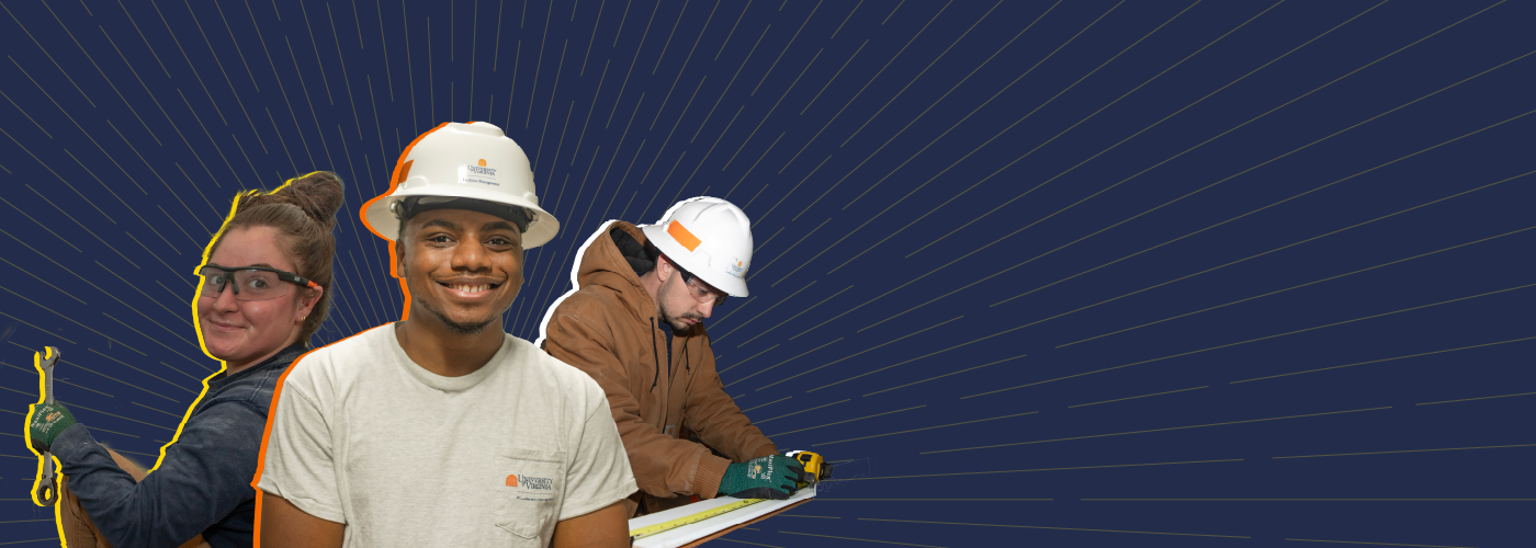A collage of tradespeople against a blue background
