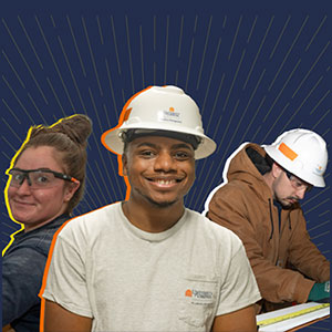 A collage of tradespeople against a blue background