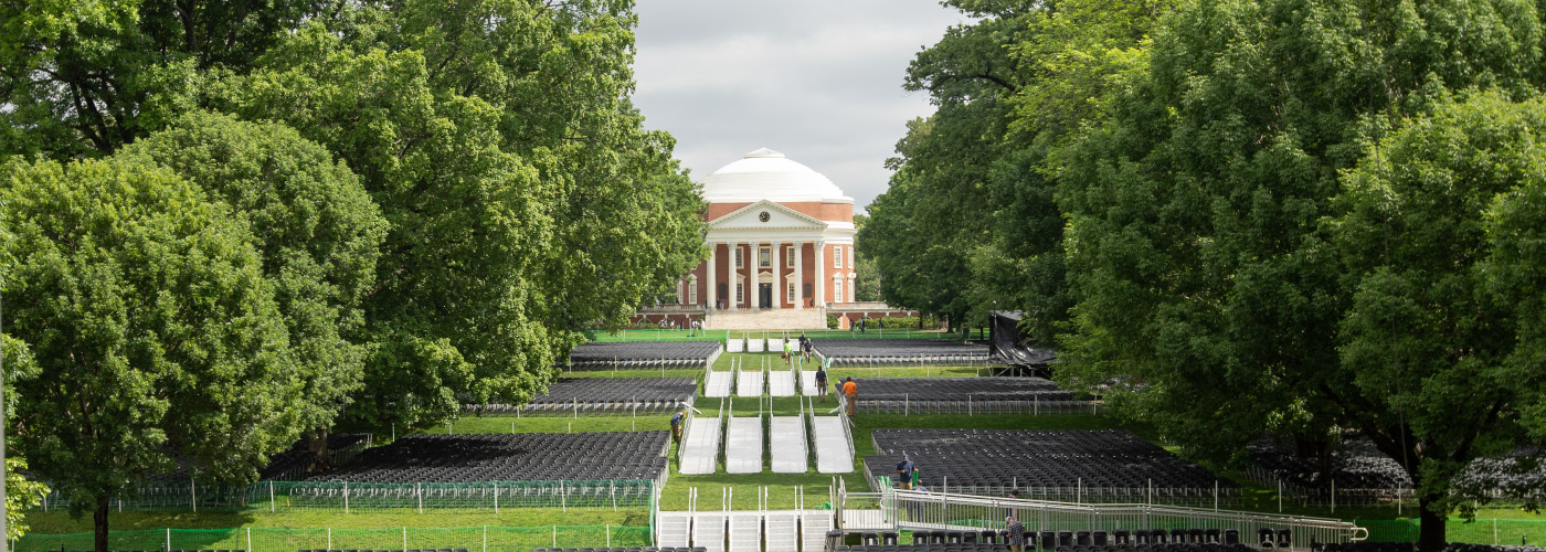 Wide angle view of The Lawn and The Rotunda