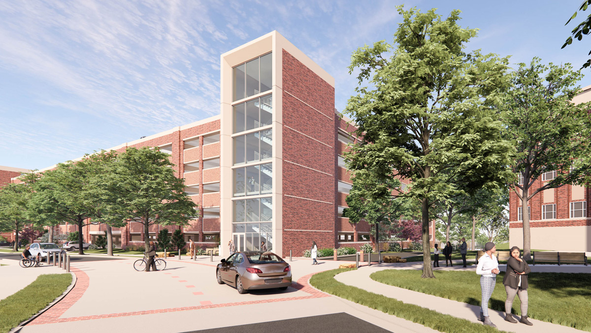 Architectural rendering of a new parking garage in Fontaine Research Park