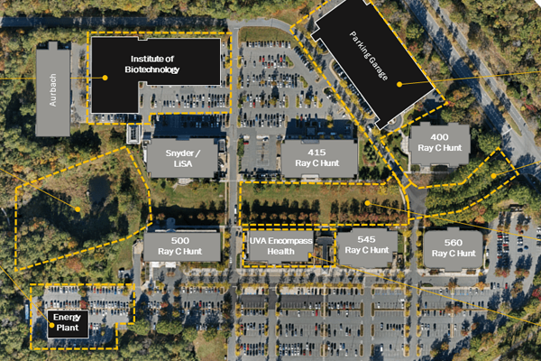 Architectural rendering of Fontaine Research Park and the boundaries of its various construction sites, such as Institute of Biotechnology, parking garage, and an energy plant,