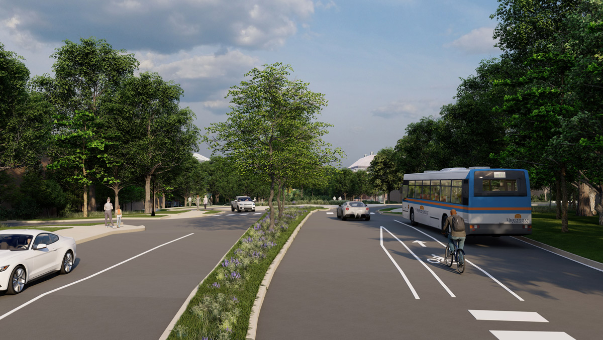 Architectural rendering of improved roadway infrastructure in Fontaine Research Park